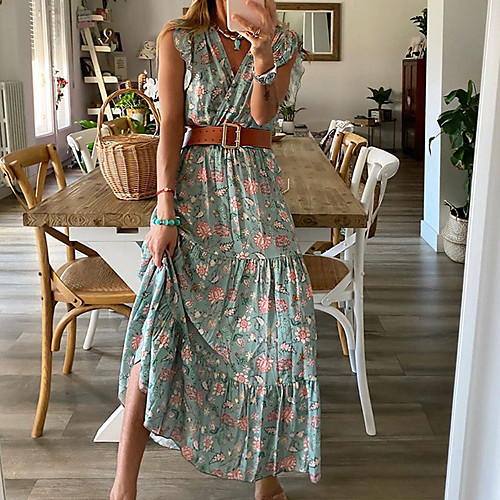 

Women's Swing Dress Maxi long Dress Green Sleeveless Floral Print Summer V Neck Casual Holiday 2021 S M L XL