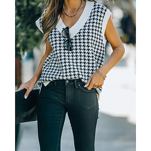 

Women's Houndstooth Vest Sleeveless Sweater Cardigans V Neck White Black