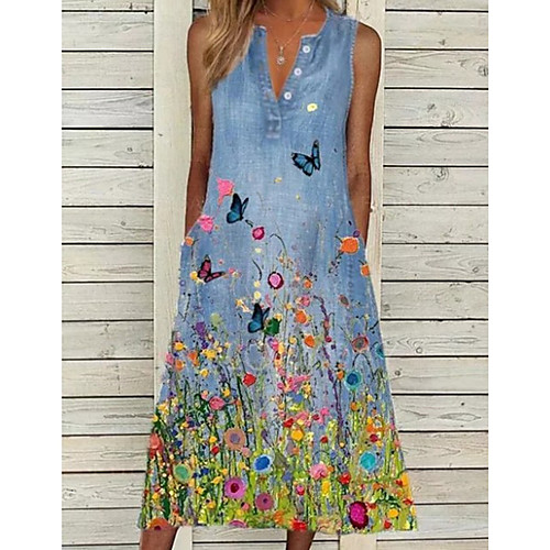 

Women's T Shirt Dress Tee Dress Midi Dress Blue Sleeveless Floral Butterfly Scenery Button Print Spring Summer V Neck Vintage Holiday 2021 S M L XL XXL