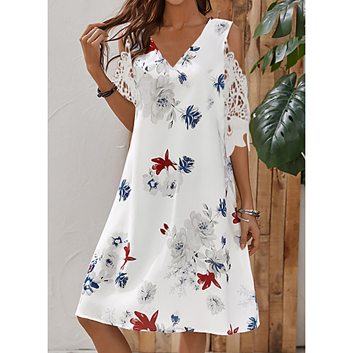

Women's A Line Dress Knee Length Dress White Half Sleeve Flower Hollow Out Lace Spring Summer Casual 2021 S M L XL XXL