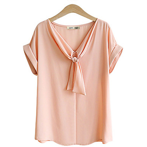 

Women's Plus Size Tops T shirt Solid Color Bowknot Short Sleeve V Neck Basic Casual Spring Summer Blue Blushing Pink White Big Size L XL 2XL 3XL 4XL