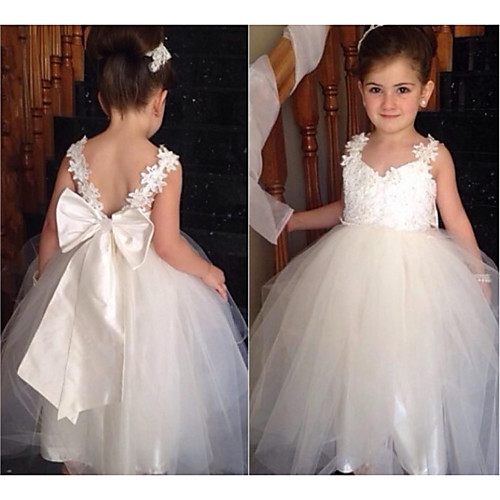

Princess Floor Length Flower Girl Dresses Party Chiffon Sleeveless V Neck with Bow(s)