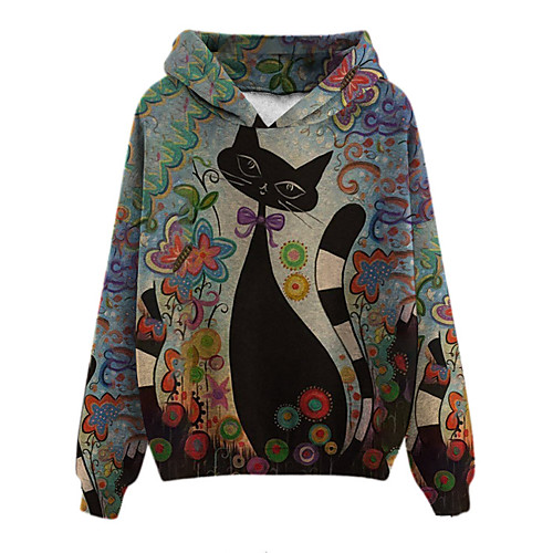 

Women's Plus Size Tops Hoodie Sweatshirt Cat Animal Print Cotton Long Sleeve V Neck Streetwear Fall Winter Purple Gray Green Big Size L XL XXL 3XL 4XL