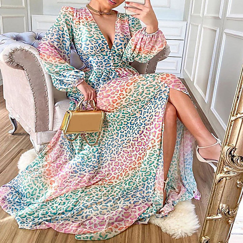 

Women's Swing Dress Maxi long Dress Rainbow Long Sleeve Leopard Print Split Button Spring Summer Deep V Casual Sexy 2021 S M L XL XXL