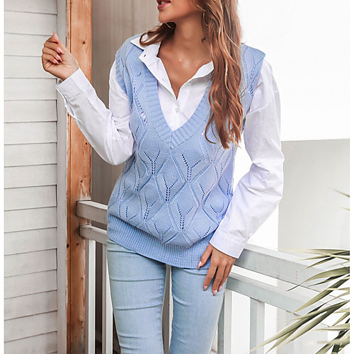 

Women's Casual Modern Style Solid Color Pullover Vest Sweater Sleeveless Loose Sweater Cardigans V Neck Winter Summer Lots of spot support activities! Model photo shooting! Blue