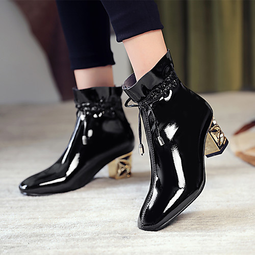 

Women's Boots Chunky Heel Round Toe Booties Ankle Boots Daily Patent Leather Lace-up Solid Colored White Black / Booties / Ankle Boots