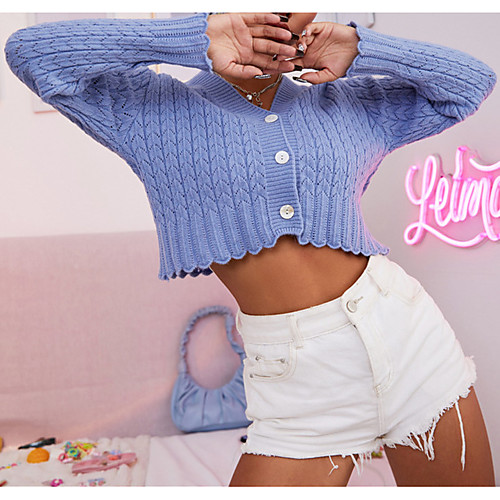

Women's Active Ruffle Solid Color Cardigan Sweater Long Sleeve Sweater Cardigans V Neck Fall Spring Summer Blue Yellow White