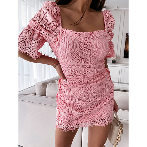 

Women's Sheath Dress Short Mini Dress Blushing Pink Sky Blue White Black Short Sleeve Solid Color Lace Spring Summer Square Neck Elegant 2021 S M L XL