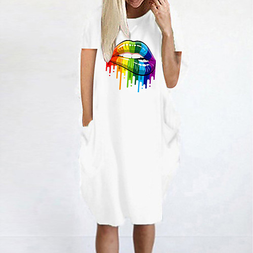 

Women's T Shirt Dress Tee Dress Knee Length Dress Blue Yellow Fuchsia Gray Green White Black Short Sleeve Print Summer Round Neck Casual Oversized 2021 S M L XL XXL 3XL 4XL 5XL