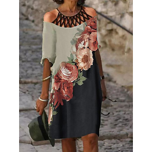 

Women's Shift Dress Knee Length Dress Black Half Sleeve Flower Spring Summer Ethnic Vintage Loose 2021 S M L XL 2XL 3XL 4XL