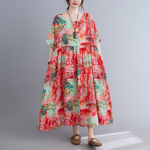 

Women's T Shirt Dress Tee Dress Maxi long Dress Red Short Sleeve Multi Color Flower Spring Summer U Neck Ethnic Casual Vintage Loose 2021 One-Size / Cotton / Cotton