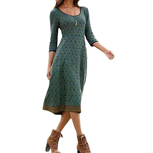 

Women's A Line Dress Midi Dress Green 3/4 Length Sleeve Print Print Summer Round Neck Casual 2021 S M L XL XXL 3XL / Cotton