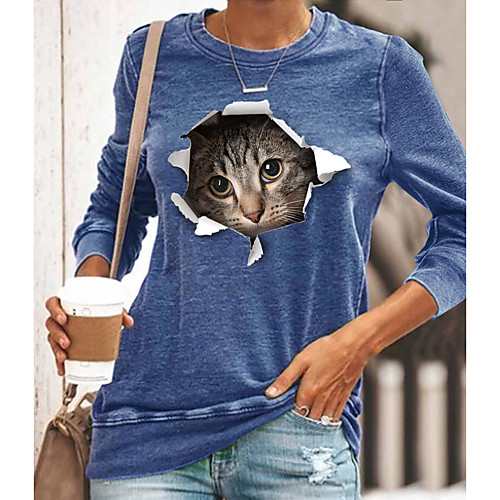

Women's 3D Cat Painting T shirt Cat 3D Animal Long Sleeve Print Round Neck Basic Tops Cotton Blue Yellow Gray