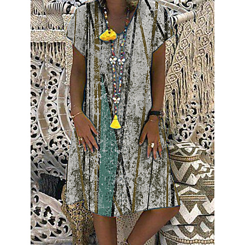 

Women's T Shirt Dress Tee Dress Knee Length Dress Red Wine Green Light Green Short Sleeve Multi Color Geometic Print Spring Summer V Neck Ethnic Casual 2021 S M L XL XXL XXXL