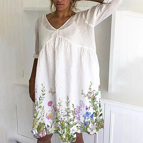 

Women's T Shirt Dress Tee Dress Short Mini Dress White Short Sleeve Floral Print Summer V Neck Casual 2021 S M L XL XXL 3XL / Cotton