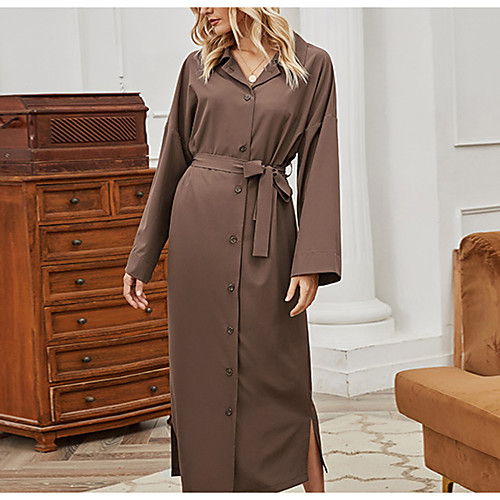

Women's Trench Coat Daily Spring & Fall Maxi Coat Shirt Collar Regular Fit Jacket Long Sleeve Solid Colored Brown / Holiday