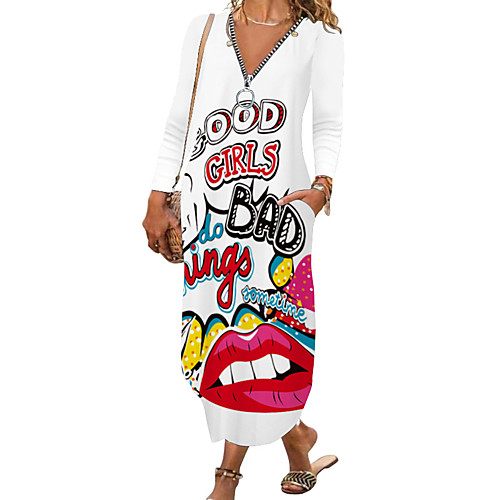 

Women's Shift Dress Midi Dress Blue Yellow White Black Red Long Sleeve Floral Butterfly Letter Zipper Print Fall V Neck Casual 2021 S M L XL XXL