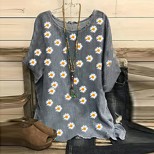 

Women's Blouse Graphic Patchwork Print Round Neck Tops Gray