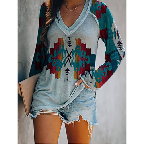 

Women's Painting T shirt Graphic Long Sleeve Print V Neck Basic Tops Blue
