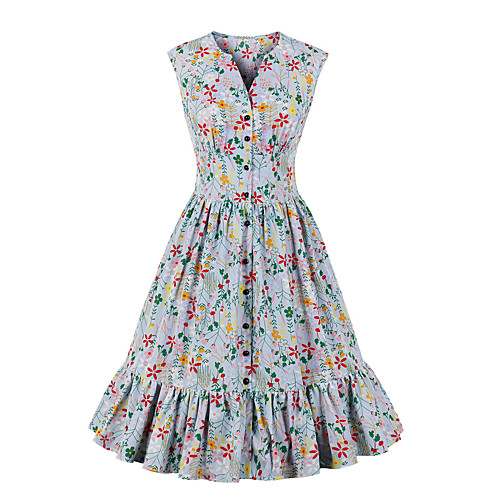 

Women's A Line Dress Midi Dress Light Blue Sleeveless Print Summer Vintage 2021 S M L XL XXL