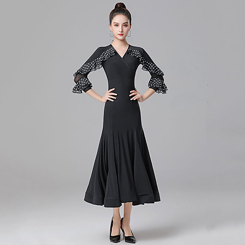 

Ballroom Dance Dress Splicing Women's Training Performance 3/4 Length Sleeve Crystal Cotton
