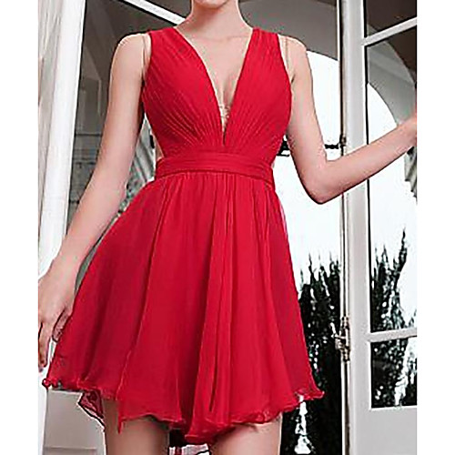 

A-Line Minimalist Sexy Engagement Cocktail Party Dress V Neck Sleeveless Knee Length Chiffon with Pleats 2021