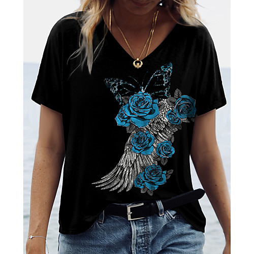 

Women's Floral Theme Painting T shirt Floral Graphic Print V Neck Basic Tops Black