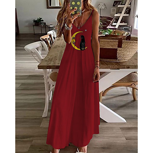 

Women's A Line Dress Maxi long Dress Red Sleeveless Butterfly Animal Print Summer V Neck Casual 2021 S M L XL XXL 3XL