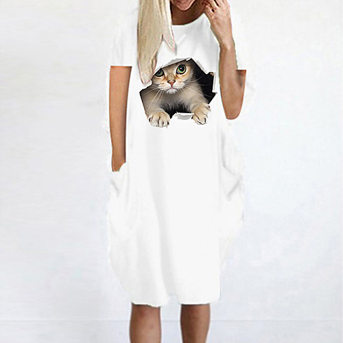 

Women's T Shirt Dress Tee Dress Knee Length Dress Blue Yellow Fuchsia Gray Green White Black Short Sleeve Cat Animal Summer Round Neck Casual Oversized 2021 S M L XL XXL 3XL 4XL 5XL
