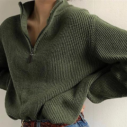 

Women's Stylish Zipper Knitted Solid Color Pullover Sweater Long Sleeve Sweater Stand Collar Fall Winter Green Going out Loose