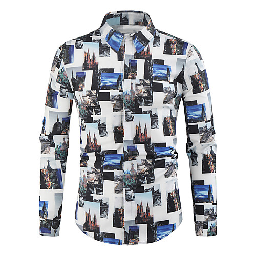 

Men's Shirt Other Prints Graphic Plus Size Long Sleeve Casual Tops Casual Soft Breathable Blue / White