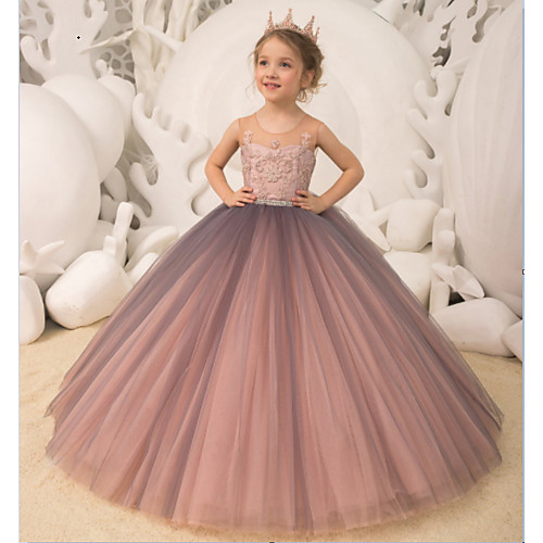 

Princess Floor Length Flower Girl Dresses Party Chiffon Short Sleeve Jewel Neck with Solid