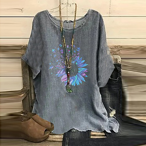 

Women's Blouse Graphic Patchwork Print Round Neck Basic Tops Cotton Gray