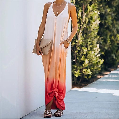 

Women's Shift Dress Maxi long Dress Orange Sleeveless Tie Dye Backless Summer V Neck Casual 2021 S M L