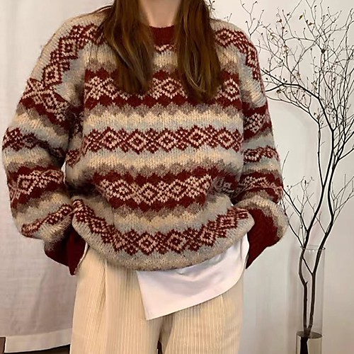 

Women's Stripes Pullover Long Sleeve Sweater Cardigans Round Neck Gray Black Red
