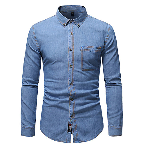 

Men's Shirt Other Prints Solid Color Long Sleeve Casual Tops 100% Cotton Business Lightweight Blue Light Blue