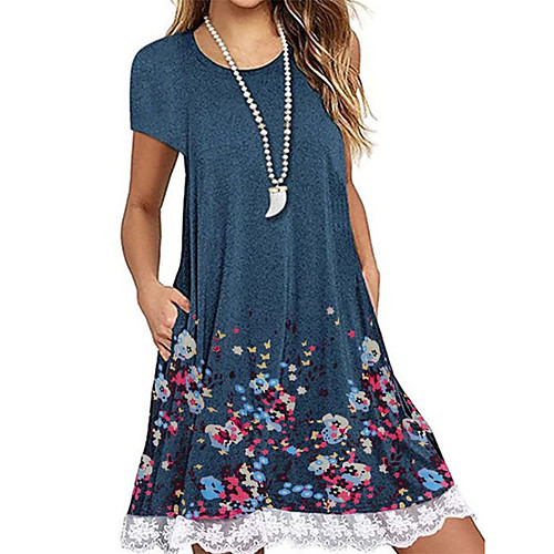 

Women's A Line Dress Knee Length Dress Purple Green Black Brown Navy Blue Short Sleeve Floral Lace Print Summer Round Neck Casual Holiday 2021 S M L XL XXL 3XL 4XL 5XL