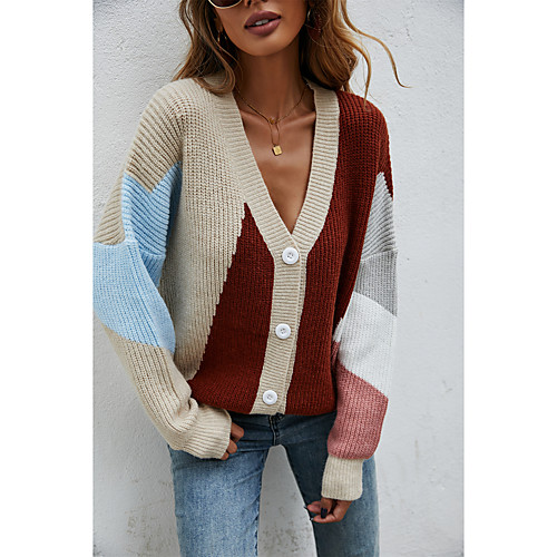 

Women's Casual Color Block Color Block Cardigan Sweater Long Sleeve Sweater Cardigans V Neck Fall Spring Blushing Pink Apricot