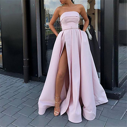 

A-Line Minimalist Sexy Wedding Guest Prom Dress Strapless Sleeveless Floor Length Lace Tulle with Pleats Split 2021