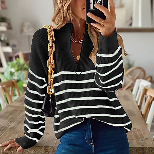 

Women's Casual Stripes Pullover Sweater Long Sleeve Sweater Cardigans Round Neck Creamy-white Gray Black