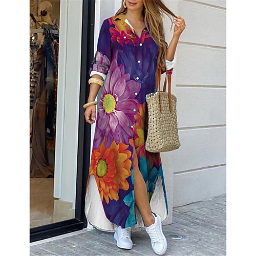 

Women's Shirt Dress Maxi long Dress Blue Long Sleeve Floral Print Print Spring Summer Shirt Collar Casual Holiday 2021 S M L XL XXL 3XL