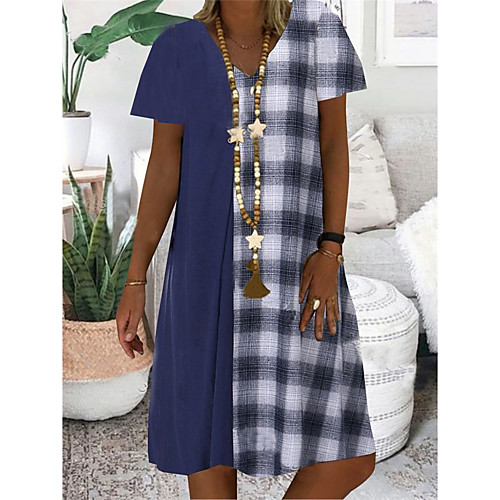 

Women's T Shirt Dress Tee Dress Knee Length Dress Blue Short Sleeve Plaid Color Block Print Summer V Neck Casual Holiday 2021 S M L XL XXL 3XL
