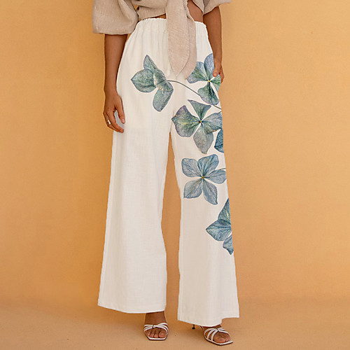 

Women's Basic Chino Comfort Going out Beach Pants Pants Plants Graphic Prints Full Length Elastic Drawstring Design Print White