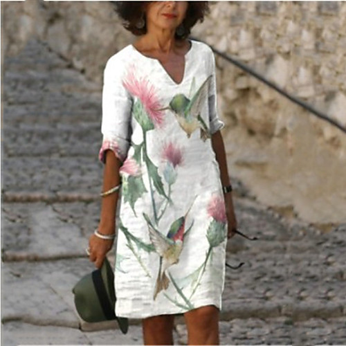 

Women's A Line Dress Knee Length Dress Blushing Pink Khaki Green Rainbow Orange White Black Red Brown Half Sleeve Floral Abstract Print Summer V Neck Casual 2021 S M L XL XXL