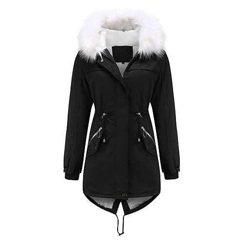 

Women's Plus Size Parka Fur Trim Zipper Plain Long Shirt Collar Going out Fall Winter Blushing Pink Green Black Big Size XL XXL 3XL