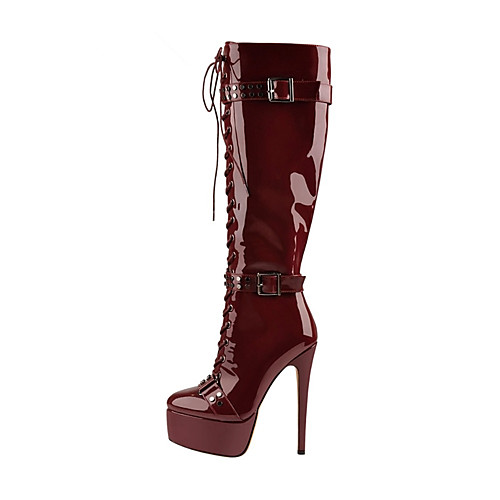 

Women's Boots Platform Stiletto Heel Round Toe Knee High Boots Mid Calf Boots Patent Leather Rivet Buckle Lace-up Solid Colored Wine Black