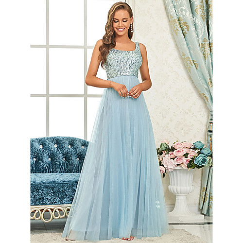 

A-Line Spaghetti Strap Floor Length Tulle / Sequined Bridesmaid Dress with Sequin