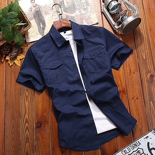

Men's Shirt non-printing Solid Color Short Sleeve Casual Tops Cotton Simple Basic Army Green Khaki Royal Blue
