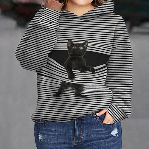 

Women's Plus Size Tops Hoodie Sweatshirt Striped Cat Animal Print Long Sleeve V Neck Streetwear Fall Winter Blue Black Big Size L XL XXL 3XL 4XL / Cotton