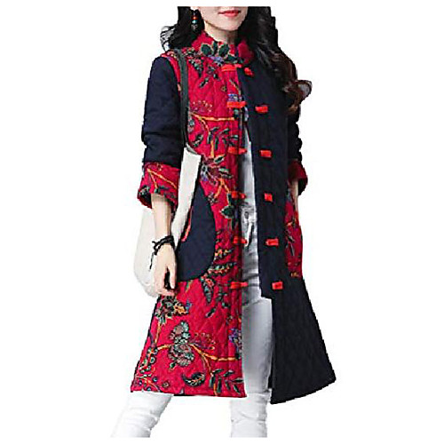 

Women's Floral Padded Cotton Jacket Ethnic Retro Midi Printed Coat Parkas (X-Small, Wine)